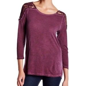 ANTHROPOLOGIE DANTELLE Mauve Purple Lace Shoulder 3/4 Sleeve Tunic Top Medium